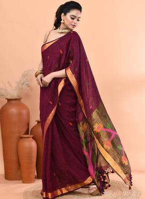 Magenta handmade office wear linen jamdani saree with running blouse 4