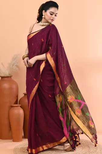 Magenta handmade office wear linen jamdani saree with running blouse