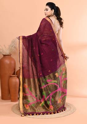 Magenta handmade office wear linen jamdani saree with running blouse 5