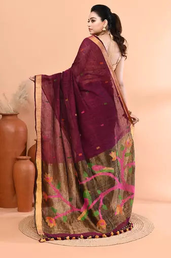 Magenta handmade office wear linen jamdani saree with running blouse
