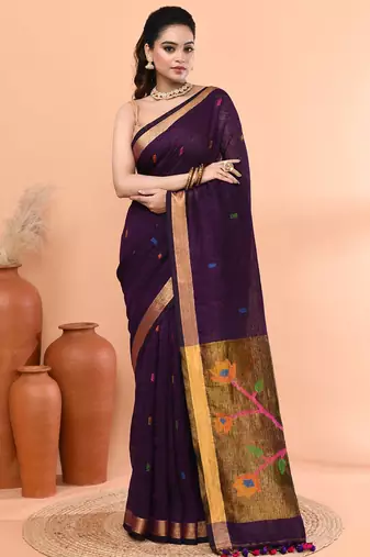 Purple handmade office wear linen jamdani saree with running blouse