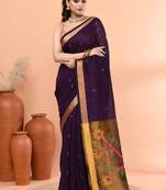 Purple handmade office wear linen jamdani saree with running blouse
