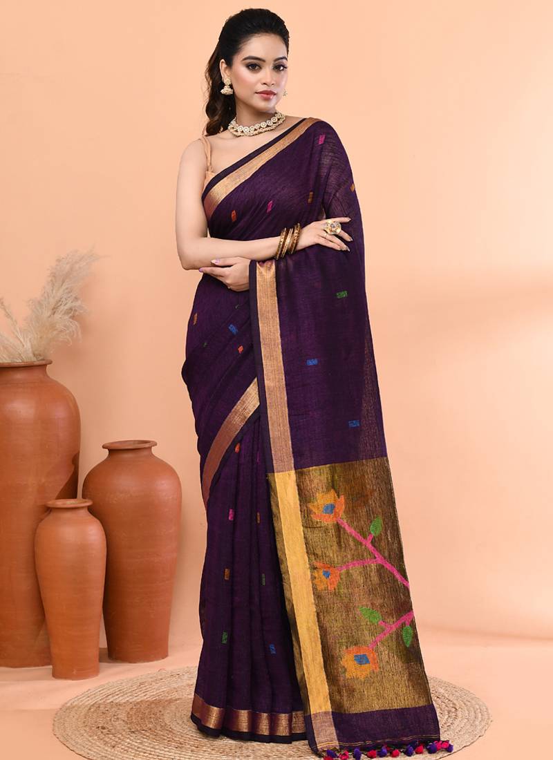 Purple handmade office wear linen jamdani saree with running blouse