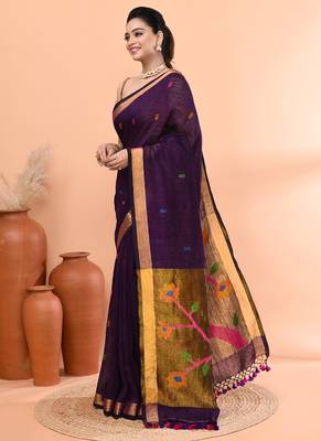 Purple handmade office wear linen jamdani saree with running blouse 2