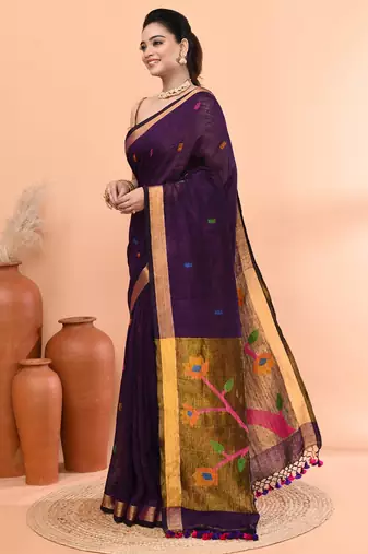 Purple handmade office wear linen jamdani saree with running blouse