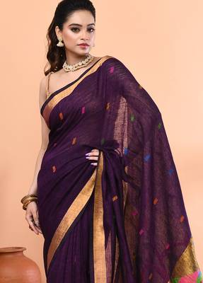 Purple handmade office wear linen jamdani saree with running blouse 3
