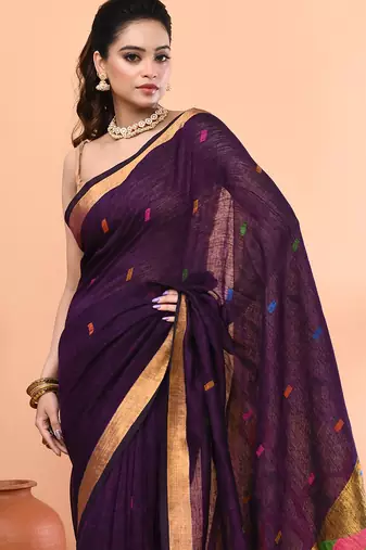 Purple handmade office wear linen jamdani saree with running blouse