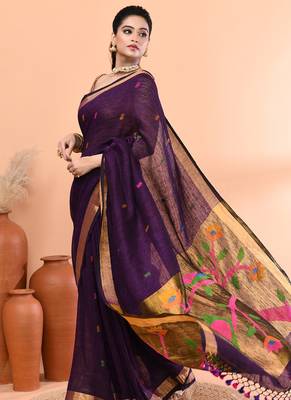 Purple handmade office wear linen jamdani saree with running blouse 4