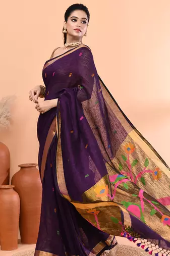 Purple handmade office wear linen jamdani saree with running blouse