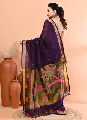 Purple handmade office wear linen jamdani saree with running blouse 5