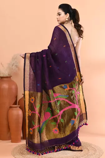 Purple handmade office wear linen jamdani saree with running blouse