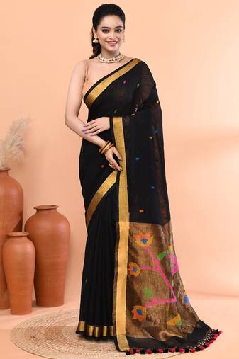 Black handmade office wear linen jamdani saree with running blouse