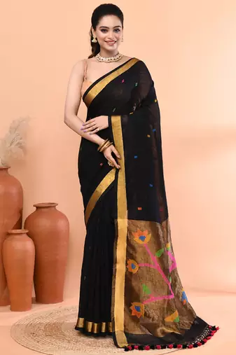 Black handmade office wear linen jamdani saree with running blouse