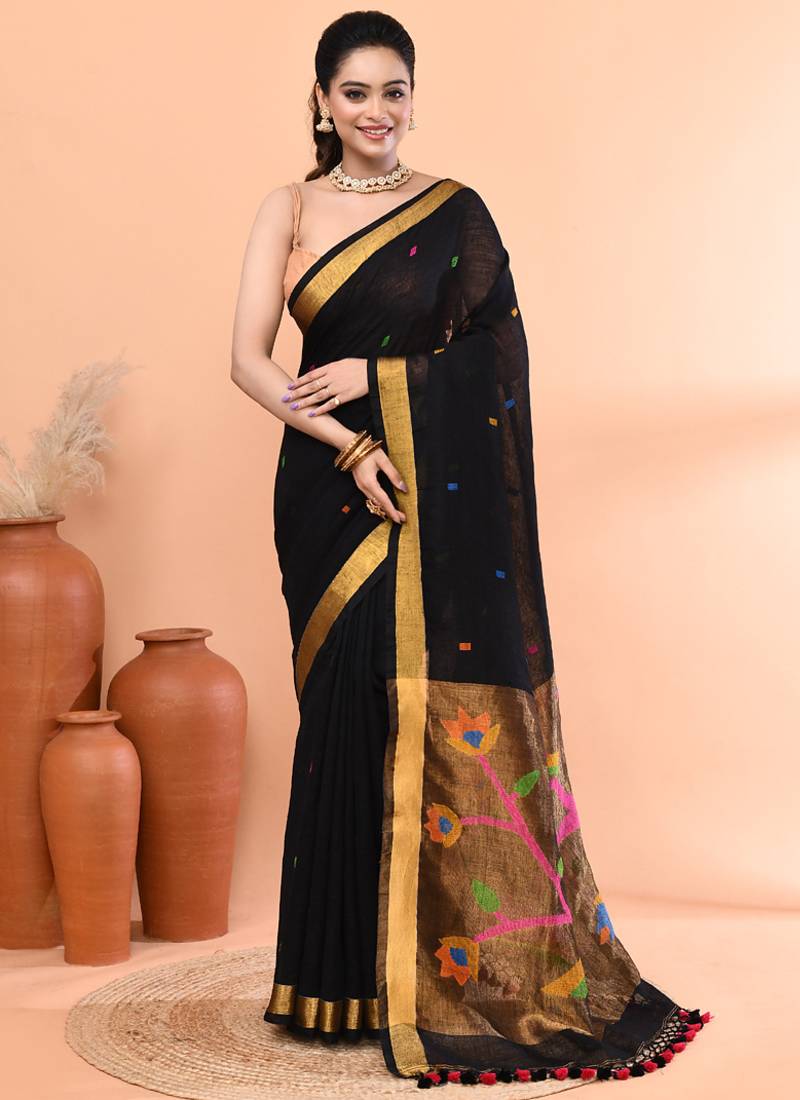 Black handmade office wear linen jamdani saree with running blouse