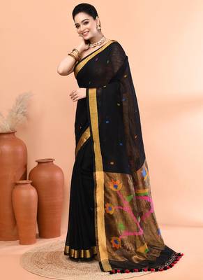 Black handmade office wear linen jamdani saree with running blouse 2