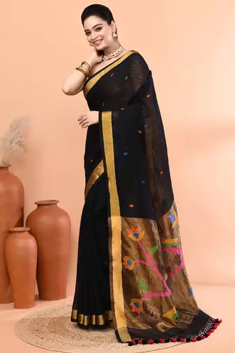 Black handmade office wear linen jamdani saree with running blouse