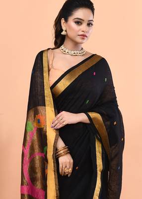 Black handmade office wear linen jamdani saree with running blouse 3