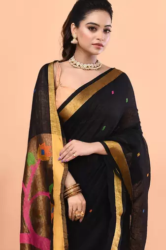 Black handmade office wear linen jamdani saree with running blouse