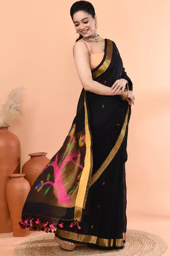 Black handmade office wear linen jamdani saree with running blouse