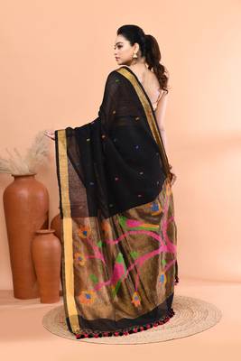 Black handmade office wear linen jamdani saree with running blouse 5