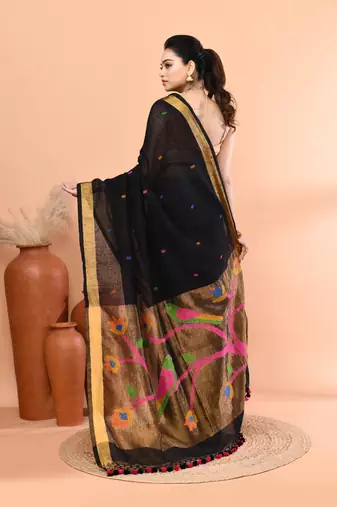 Black handmade office wear linen jamdani saree with running blouse