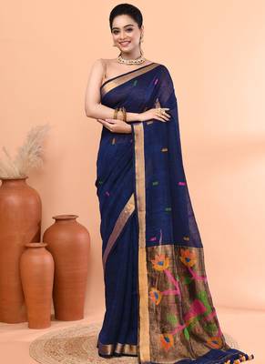 Blue handmade office wear linen jamdani saree with running blouse 1