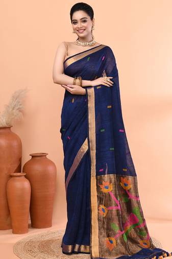 Blue handmade office wear linen jamdani saree with running blouse