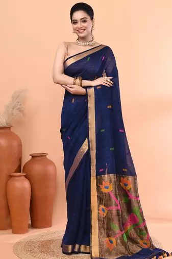 Blue handmade office wear linen jamdani saree with running blouse