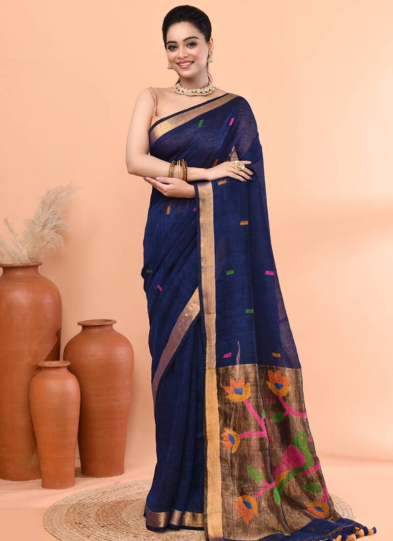 Blue handmade office wear linen jamdani saree with running blouse