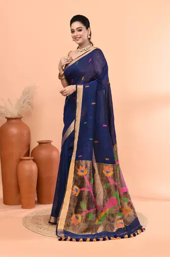 Blue handmade office wear linen jamdani saree with running blouse