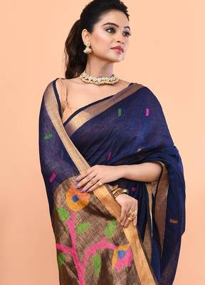Blue handmade office wear linen jamdani saree with running blouse 3