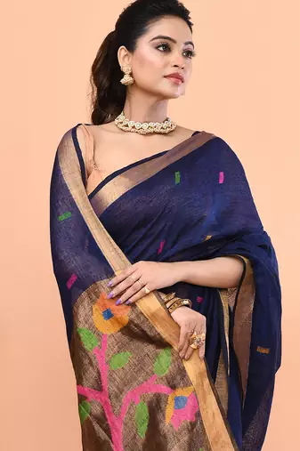 Blue handmade office wear linen jamdani saree with running blouse
