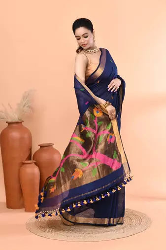 Blue handmade office wear linen jamdani saree with running blouse