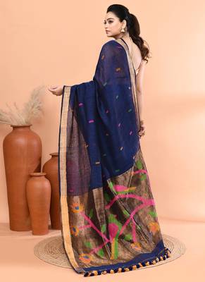 Blue handmade office wear linen jamdani saree with running blouse 5