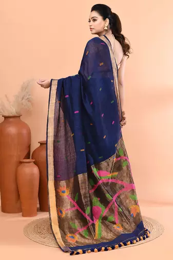 Blue handmade office wear linen jamdani saree with running blouse