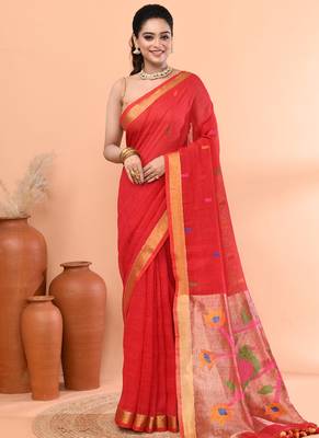 Red handmade office wear linen jamdani saree with running blouse 1