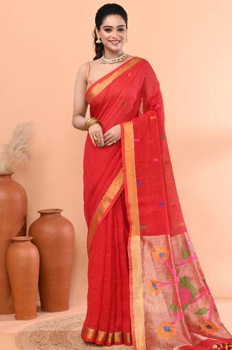 Red handmade office wear linen jamdani saree with running blouse