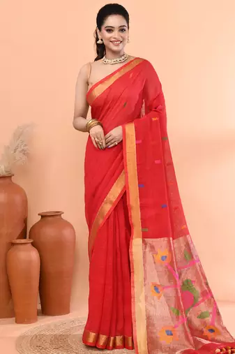 Red handmade office wear linen jamdani saree with running blouse