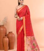Red handmade office wear linen jamdani saree with running blouse