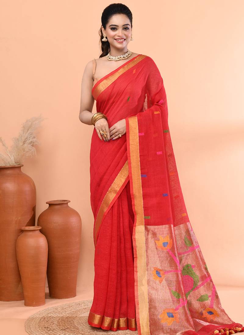Red handmade office wear linen jamdani saree with running blouse