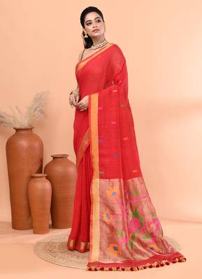 Red handmade office wear linen jamdani saree with running blouse 2