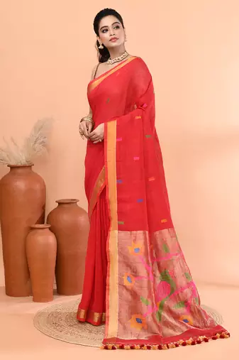 Red handmade office wear linen jamdani saree with running blouse