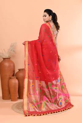Red handmade office wear linen jamdani saree with running blouse 3