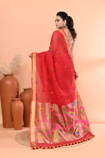 Red handmade office wear linen jamdani saree with running blouse