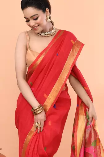 Red handmade office wear linen jamdani saree with running blouse