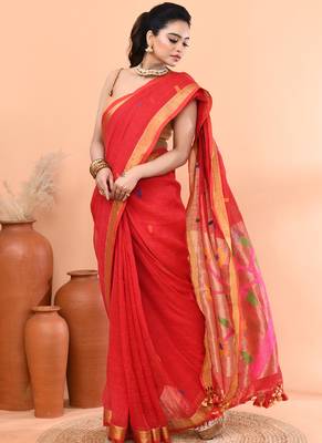 Red handmade office wear linen jamdani saree with running blouse 5
