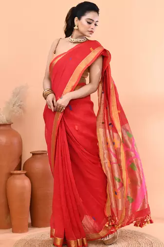 Red handmade office wear linen jamdani saree with running blouse