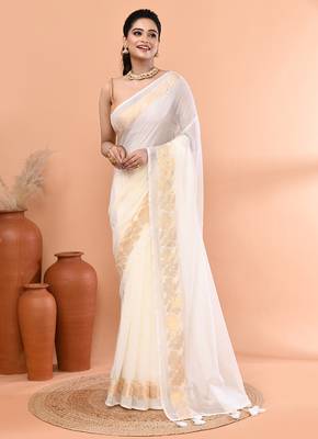 Off white festive cotton blend jamdani saree with running blouse 1