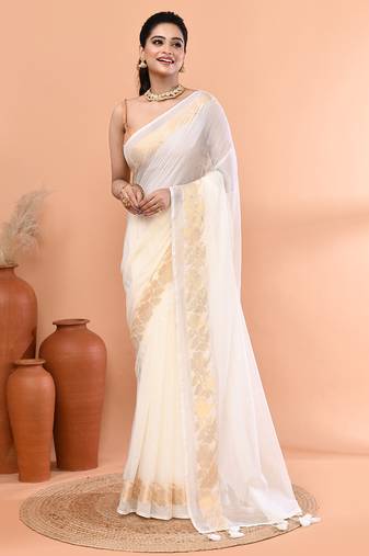 Off white festive cotton blend jamdani saree with running blouse