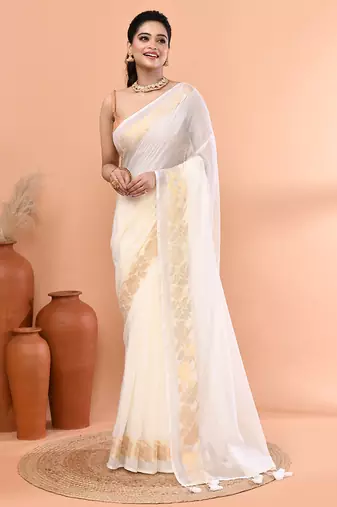 Off white festive cotton blend jamdani saree with running blouse